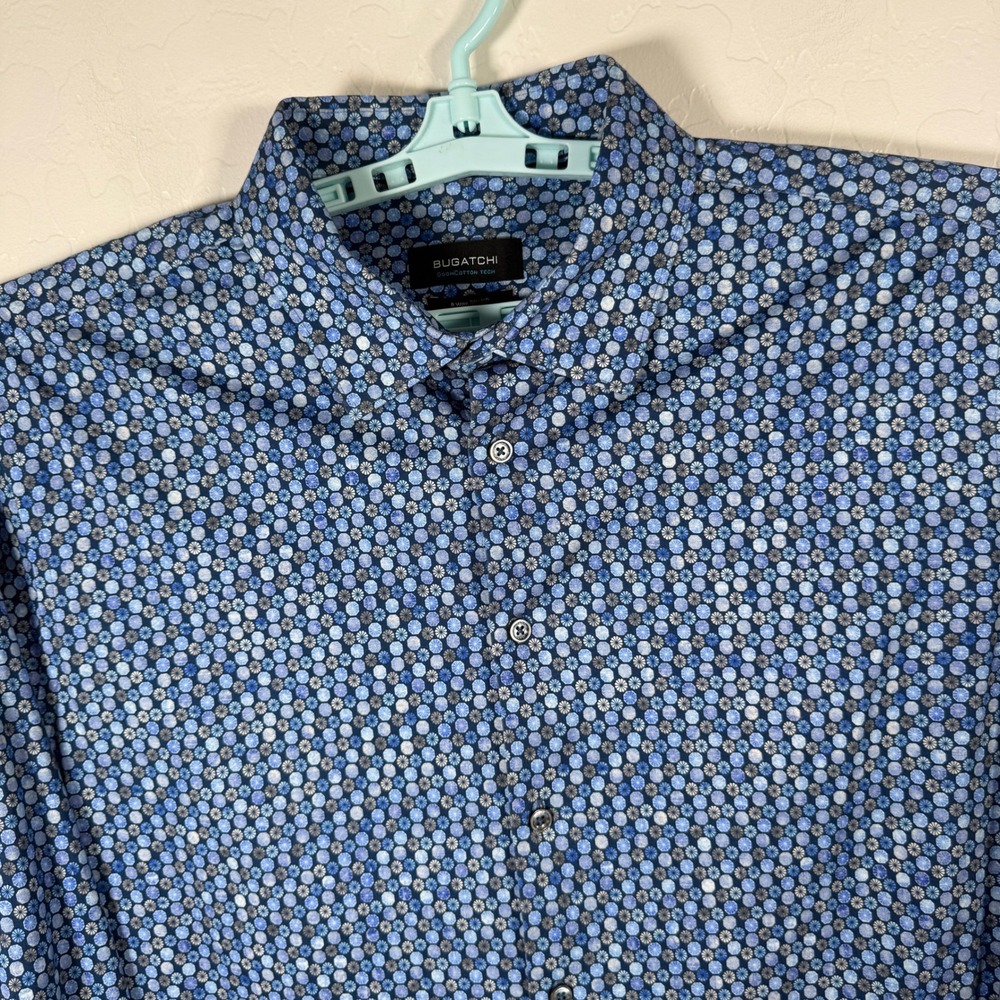 Bugatchi Shirt Mens 3XL Blue OoohCotton Tech 8 Way Stretch Geometric Shirt